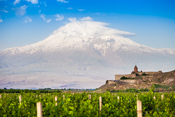 Snow capped Mount Ararat rising above an Anatolian vineyard, with a stone monastery in the middle distance.